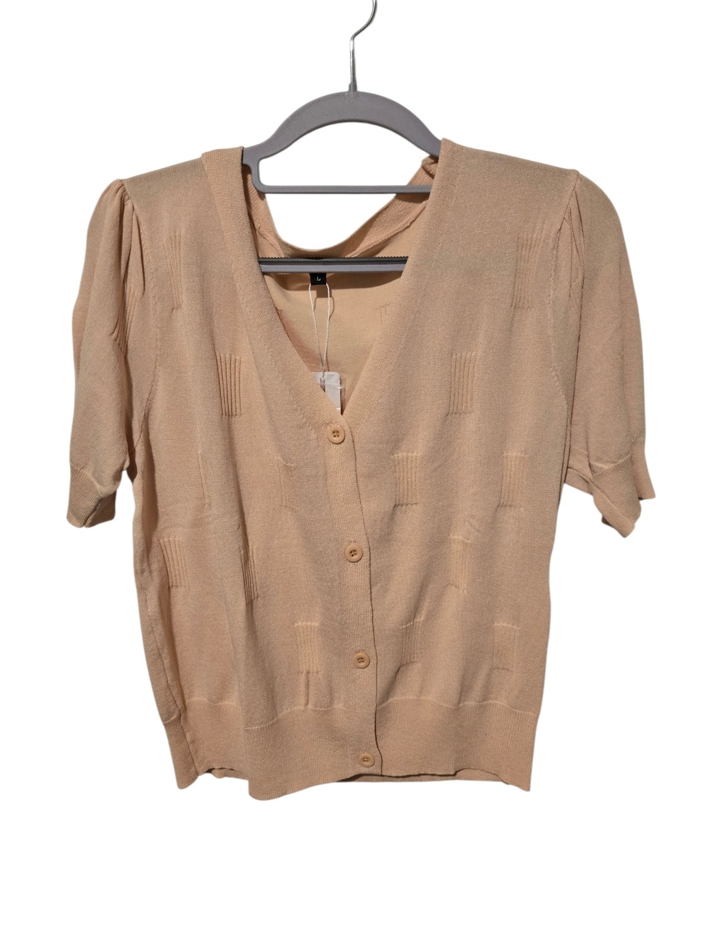 Arach And Cloz Beige Short-Sleeve Knit Button-Front Top L